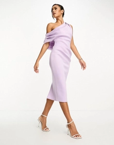 Detail of lavender one-shoulder midi dress featuring elegant pleated neckline and slim fit