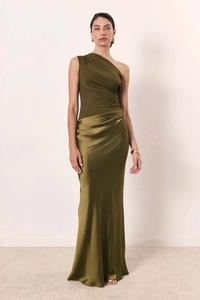 Close-up of olive green satin dress featuring elegant draped pleats and one-shoulder cut