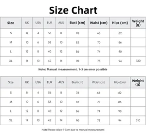 Size chart showing international measurements for sequined party dress from S to XL