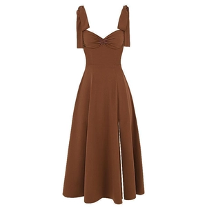 Detail of brown sleeveless dress with shoulder bow ties and sweetheart neckline