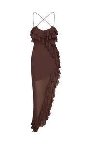 Detail of cross-back straps and ruffle trim on a chocolate chiffon slit maxi dress