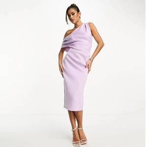 Elegant One Shoulder Midi Dress For Women Sexy Ruched Draped Formal Evening Party Bodycon Slit Hem Lavender Purple Prom Gown