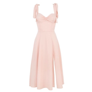 Detail of light pink chiffon maxi dress featuring tie shoulder straps and ruched heart neckline