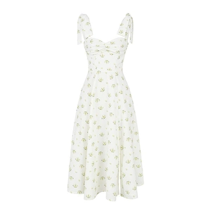 Detail of floral chiffon maxi dress with tie-up straps, heart neckline and side slit