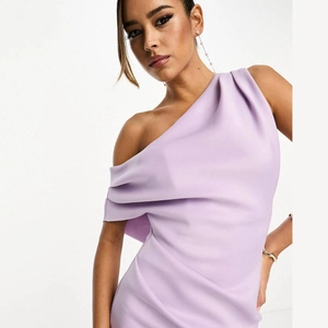 Elegant lavender one-shoulder midi dress with asymmetrical pleats and side slit detail