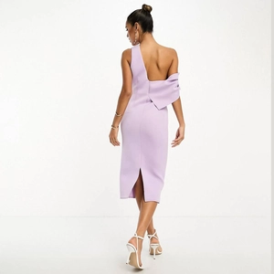 Elegant lavender one-shoulder midi dress with back drape detail and side slit design