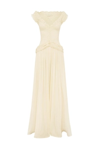 Detail of elegant off-shoulder lace bodice and pleated cream chiffon evening dress