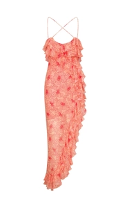 Detailed view of pink floral chiffon dress featuring ruffle edges and thin straps