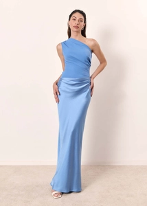 Detail of light blue one-shoulder maxi dress with ruched bodice and satin skirt