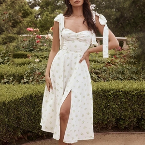 French style white floral midi dress with tie straps, sweetheart neckline and high slit