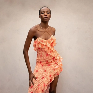 Women Halter Ruffle Maxi Dress Sexy Asymmetric Slit Chiffon Floral V Neck Cross Backless Party Clubwear Elegant Long Dress