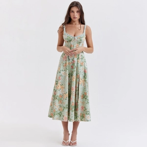Damen Französisches Vintage Blumen Kleid Slip Midi Schlitz Bustier Gerafft Schnürung A-Linie Sommer Urlaub Partykleid