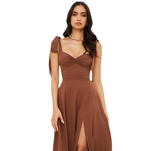 Brown chiffon maxi dress with bow shoulder straps and a sexy high slit detail