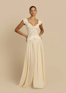 Detailed close-up of V-neck lace bodice and pleated chiffon skirt on elegant gown