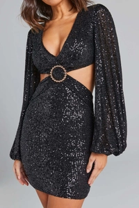 Detail of sequins mini dress showing golden ring buckle and side waist cut-out feature