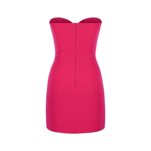 Gedetailleerd achteraanzicht van een roze strapless mini-jurk met rits op witte achtergrond