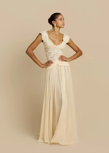 Detail of elegant V-neck lace bodice and pleated chiffon skirt on this evening dress