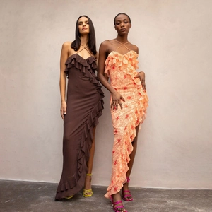 Sexy halter neck slit maxi dress with ruffle detailing and irregular hemline