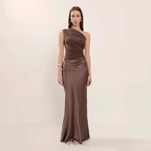Elegant deep brown one-shoulder satin maxi dress with draping details and a sleek finish