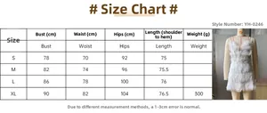 Size chart for the white deep V-neck mini party dress with feather trim detailing