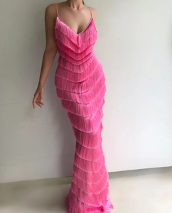 Detailed close-up showing the layered pink fringe texture on this slim-fit evening dress