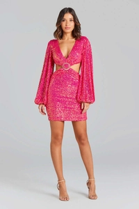 Detail of hot pink sequin dress with waist cutouts and a sparkling rhinestone O-ring detail