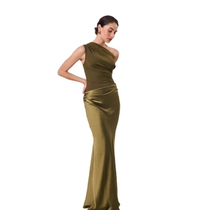 Olive green one shoulder satin mermaid evening dress with a slim fit maxi silhouette