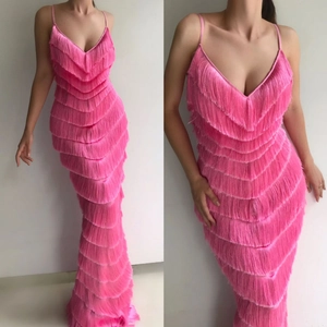 Pink fringe backless maxi dress with deep V-neck and layered tassel details for parties