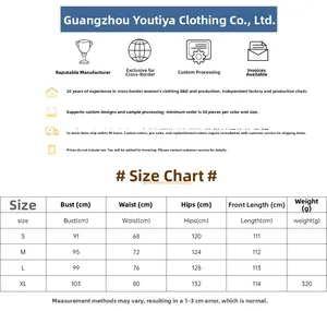 Detailed size chart with measurements for bust, waist, and hips of this evening dress
