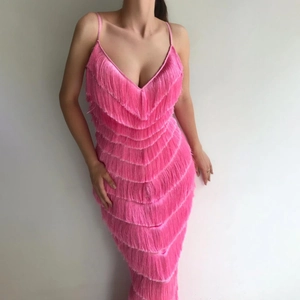 Sexy Hot Pink Deep V Neck Backless Fringe Long Dress Women Party Banquet Elegant Tassel Sleeveless Slip Maxi Dress
