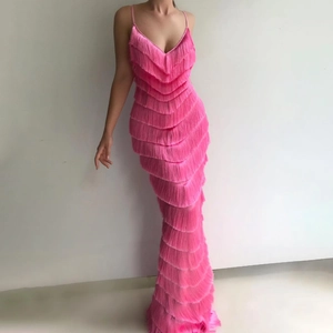 Sexy pink floor-length fringe dress with deep V-neck and spaghetti straps for parties