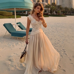Elegant beige V-neck lace chiffon maxi dress with a French style flowy long skirt