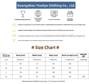 Detailed size chart for V-neck chiffon maxi dress including bust, waist, and hip measurements