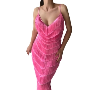 Sexy hot pink tiered fringe dress with deep V-neck and spaghetti straps for parties