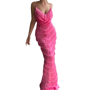 Pink backless V-neck maxi dress with layered fringe details and spaghetti straps
