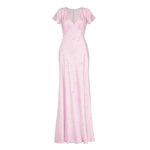 Robe longue élégante en satin lavande à imprimé fleuri avec col en V et manches volantées