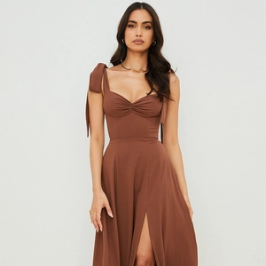 Elegant brown midi dress with sweetheart neckline, bow straps and sexy high slit detail