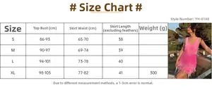 Size chart detail for pink sequined two-piece set with feather trim evening skirt