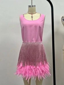 Pink sleeveless dress with layered fringe and feather detailing on the skirt