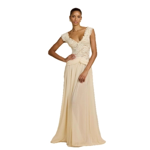 Elegant ivory V-neck lace chiffon evening maxi dress with off-shoulder floral bodice