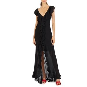 Elegant black V-neck chiffon maxi dress with ruffled edges and asymmetrical high-low hem