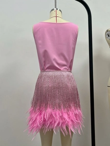 Detailed back view of pink evening dress with metallic tassels and soft feather trim