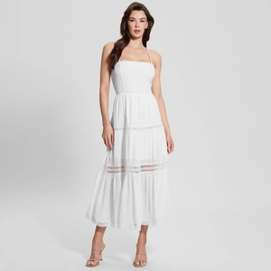 Women Sexy White Spaghetti Strap Backless Tiered Maxi Dress Elegant Lace Hollow Out Tiered Party Evening Beach Long Dress