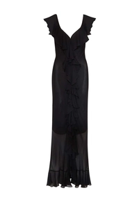 Detail of elegant black V-neck maxi dress featuring layered ruffles and sheer chiffon panels
