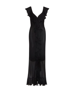 Detail of elegant black V-neck chiffon dress featuring layered ruffles and translucent hemline