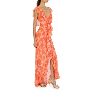 Chic coral orange floral chiffon maxi dress with deep V-neck and ruffled slit skirt