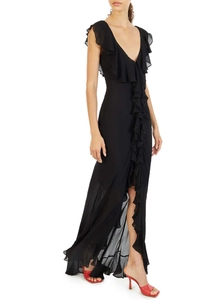 Detail of layered ruffles and irregular split hem on a black V-neck chiffon dress