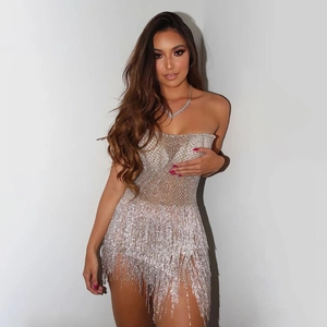 Women Sexy Strapless Sequin Fringe Mini Dress Irregular Hem Mesh Patchwork Slim Fit Party Banquet Evening Cocktail Dress