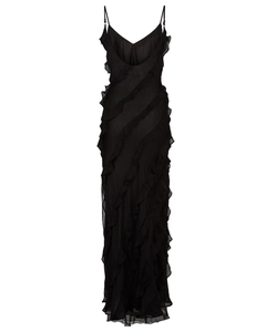 Detail of a black maxi dress featuring tiered ruffles and lightweight chiffon fabric