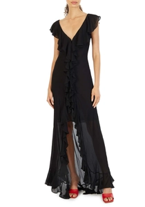 Deep V-neck black chiffon maxi dress with layered ruffles and front slit detail